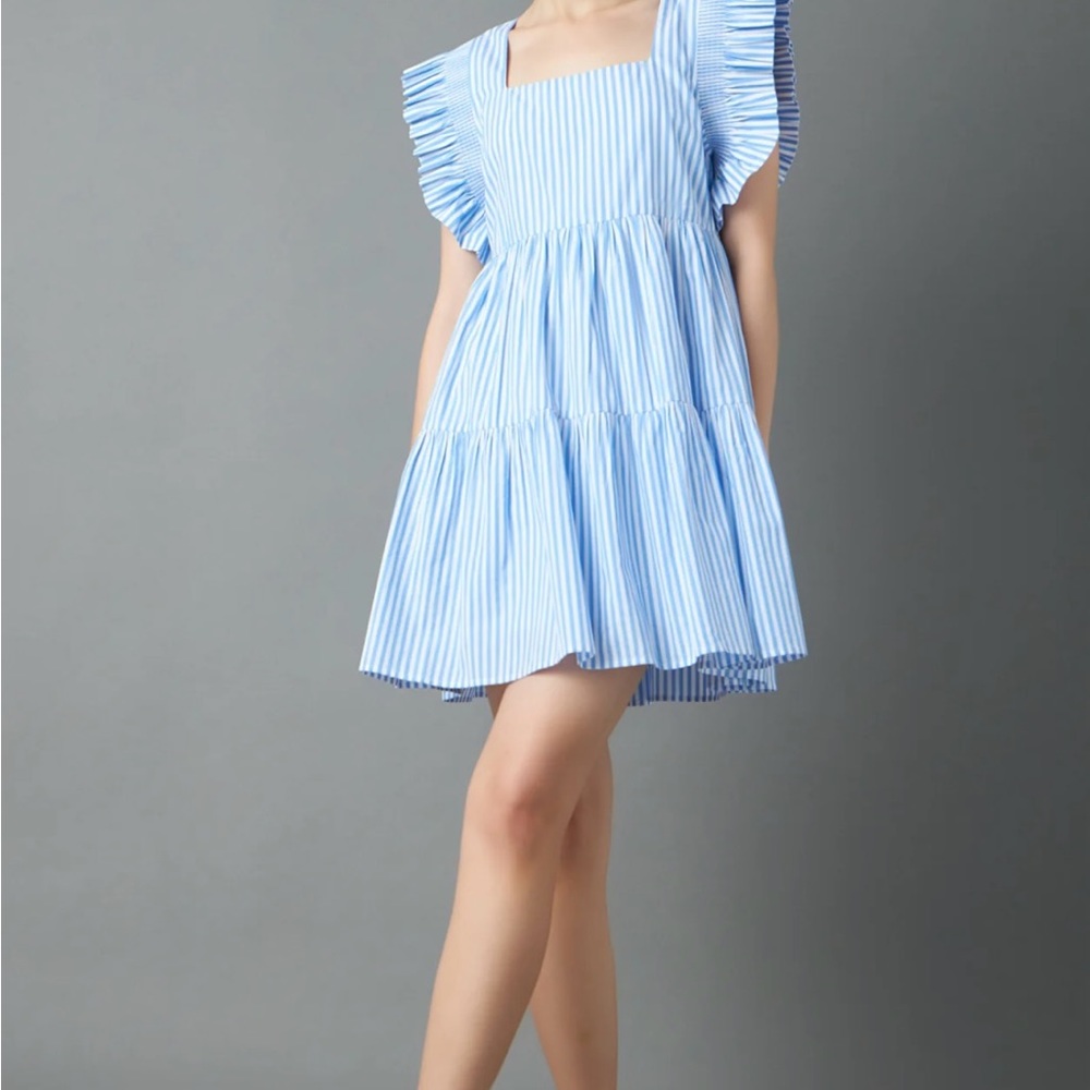 English Factory stripe square neck a-line dress, blue white stripe, size xs